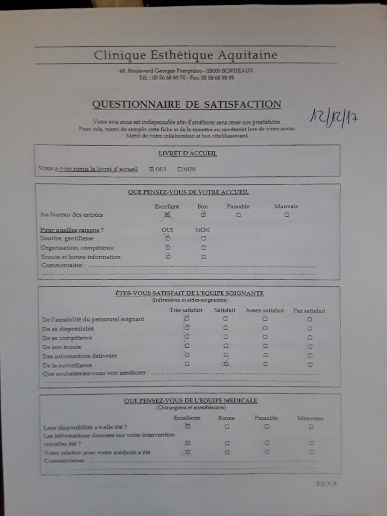 Questionnaire Satisfaction Décembre 2017 Clinique Esthétique Aquitaine